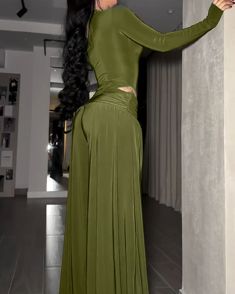 Two-Piece Set Turtleneck Side Cutout Rhinestone Wide Leg Pants