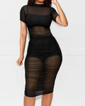 Women's Sexy Mesh See Through Short Sleeve Three Piece Suit