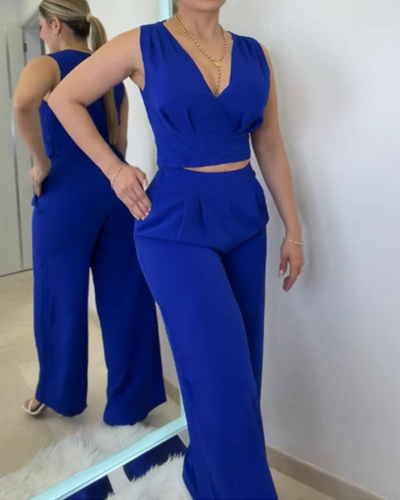 Two Piece Slim Sleeveless Crop Top and Wide-Leg Pants (Pre-sale)