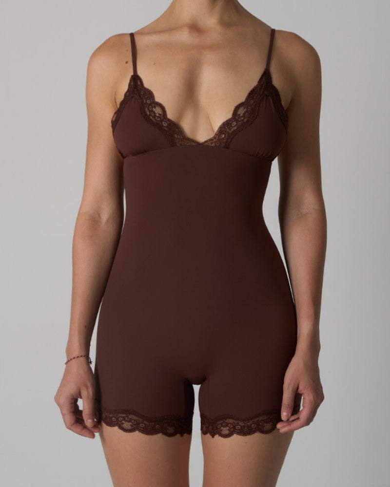Triangle Cup Seamless Suspenders Shapewear Bodysuit With Lace Trim
