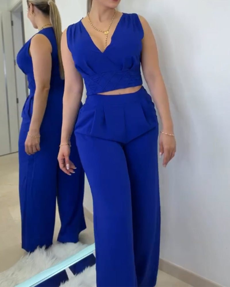 Two Piece Slim Sleeveless Crop Top and Wide-Leg Pants (Pre-sale)