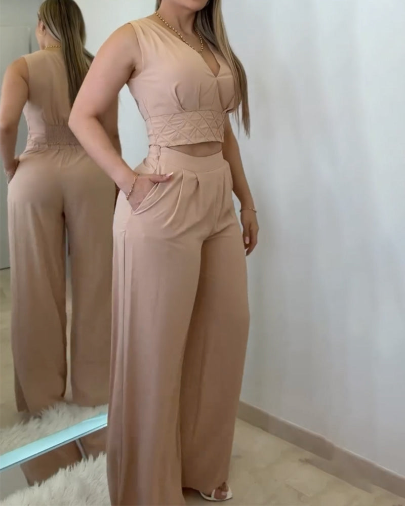 Two Piece Slim Sleeveless Crop Top and Wide-Leg Pants (Pre-sale)