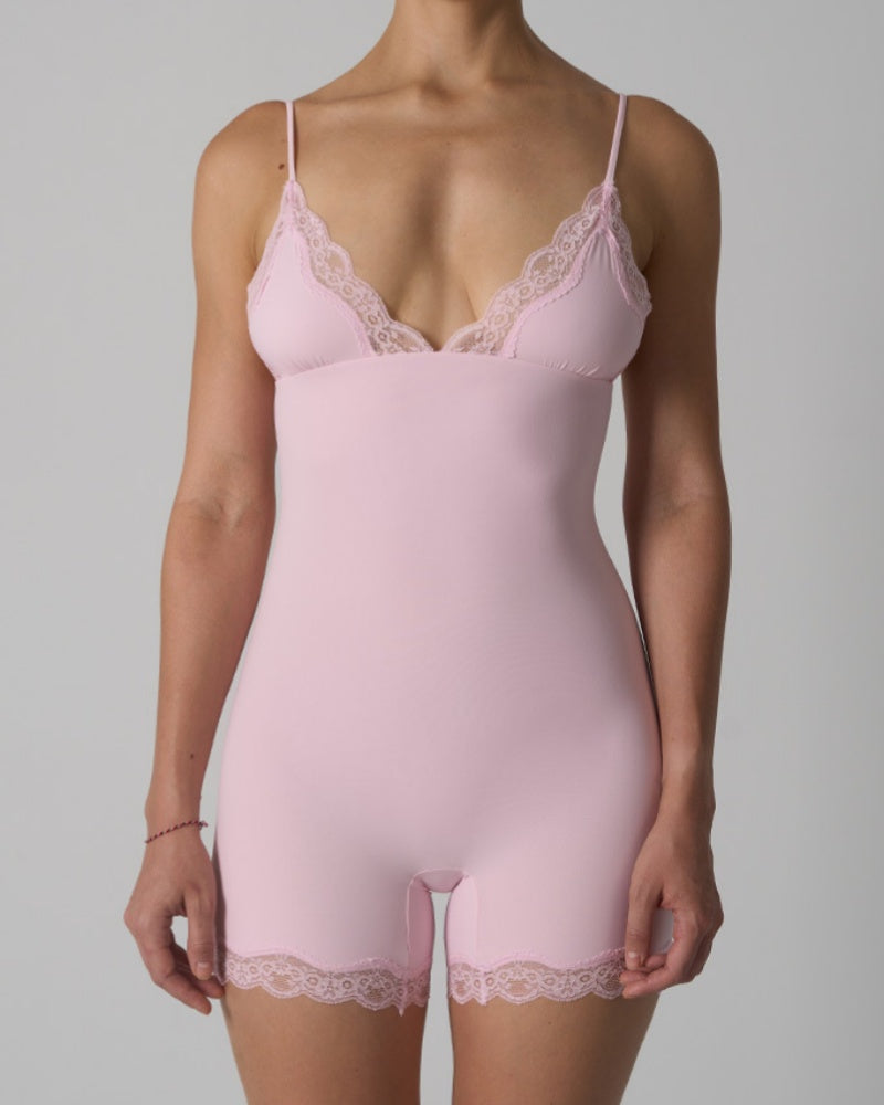 Triangle Cup Seamless Suspenders Shapewear Bodysuit With Lace Trim