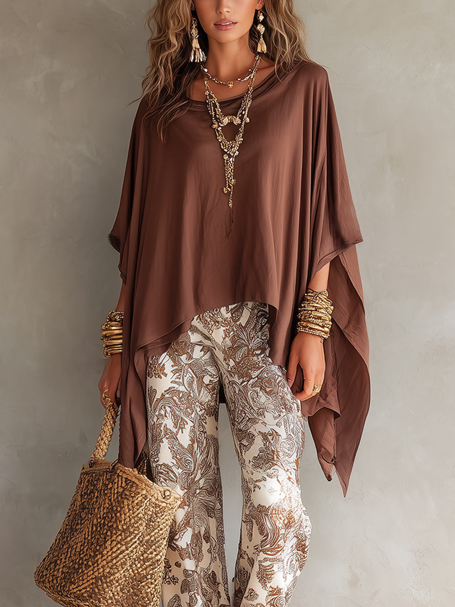 Bohemian Style Batwing Sleeve Top Paired With Vintage Printed Trousers