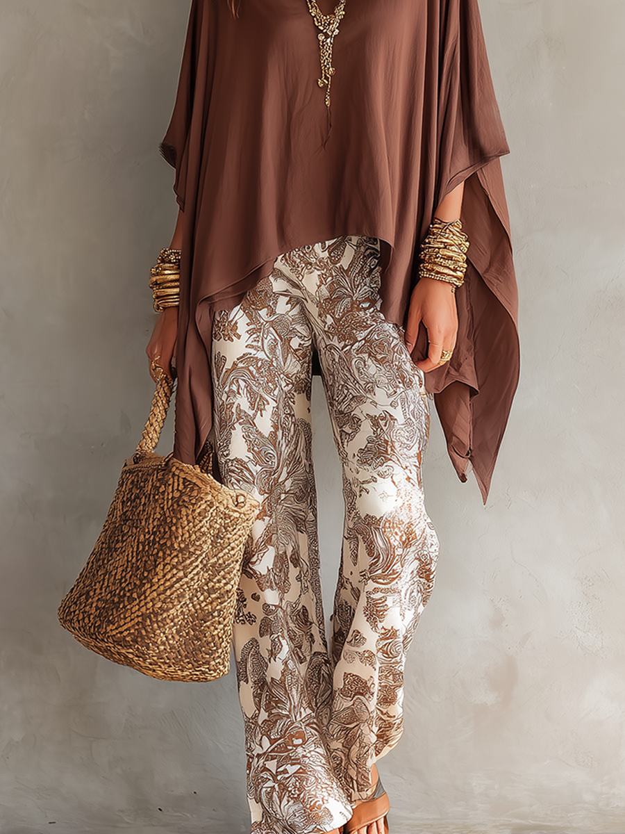 Bohemian Style Batwing Sleeve Top Paired With Vintage Printed Trousers