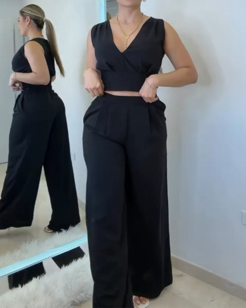 Two Piece Slim Sleeveless Crop Top and Wide-Leg Pants (Pre-sale)
