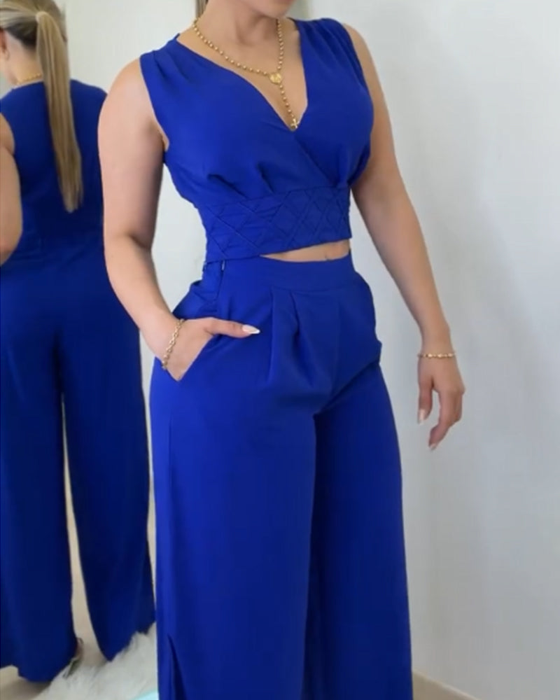 Two Piece Slim Sleeveless Crop Top and Wide-Leg Pants (Pre-sale)