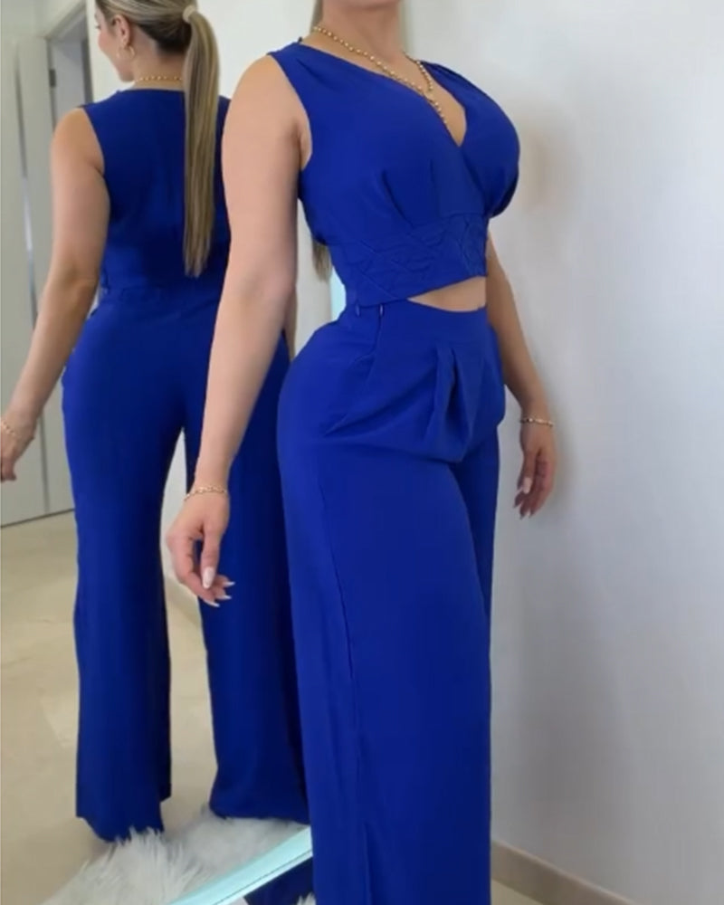 Two Piece Slim Sleeveless Crop Top and Wide-Leg Pants (Pre-sale)